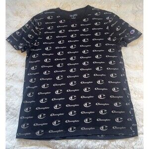 Champion Black All Over Print Logo T-Shirt Men's Size Medium AOP Tee